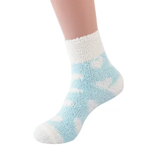 Women fuzzy winter socks plush warm sleeping floor socks cute blue white heart design comfortable soft