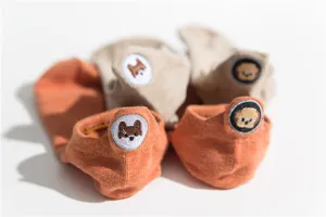 Cute embroidered dog cotton boat socks detail view, comfortable breathable spring women socks.