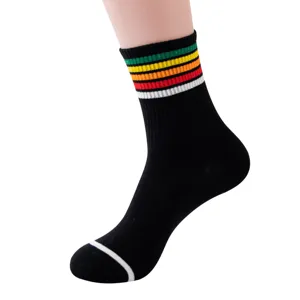 Women cotton mid-calf socks with colorful stripes sport skateboard socks black casual hosiery
