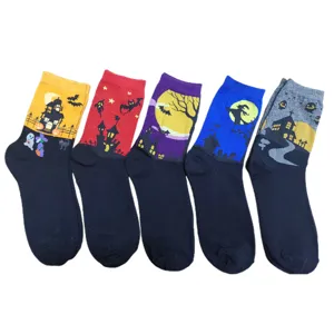 Women Halloween cotton mid-tube socks 5 pairs funny pumpkin castle holiday novelty gifts