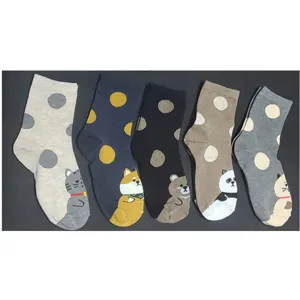 Femmes 5 paires mi-hautes mignonnes chat chien pois loisirs chaussettes coton variante.