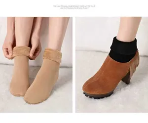Winter warm fleece lined snow socks for women, thick solid color mid tube thermal towel socks detail.