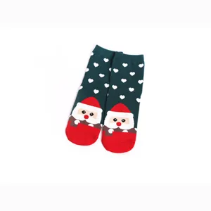 Christmas women mid-tube socks with cute Santa Claus print and heart pattern green design
