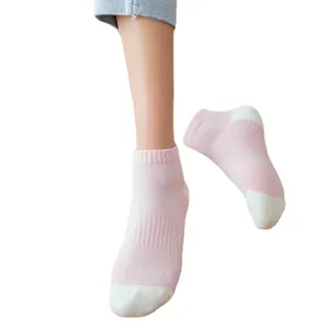 Comfortable pink short socks with white toe contrast, breathable mesh design for daily wear.