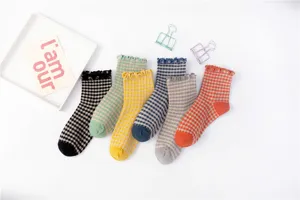 Women vintage plaid mid-tube socks ruffly cuff cotton cute sweet academy style socks set