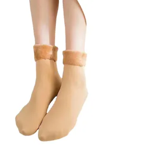 Women winter thermal plush cuffed thick snow socks solid color cozy fleece mid tube socks