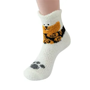 Women fluffy coral fleece winter warm socks cute puppy pattern soft thermal cozy socks.