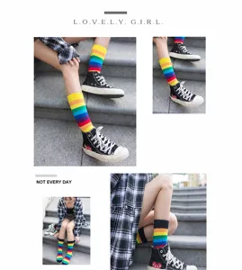 Chaussettes rayées arc-en-ciel colorées pour hommes et femmes, chaussettes longues en coton.