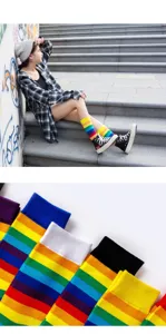 Gros plan sur les chaussettes rayées arc-en-ciel colorées dotées d'un tissu en coton.