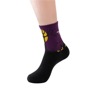 Women Halloween mid tube cotton socks funny novelty purple black moon bat print hosiery 5 pack