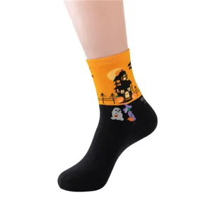 Women Halloween mid-tube socks with spooky haunted house and cute ghost pumpkin patterns.