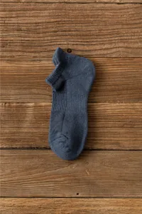 Detailed view of thick athletic towel-bottom men's ankle socks for outdoor running.
