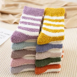 Cozy striped fluffy coral fleece socks for women winter warm thick sleep socks set.