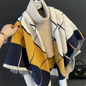 Thickened imitation cashmere block color-blocked large square scarf and stylish shawl detail.
