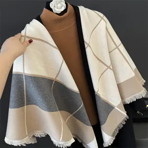 Detailed view of women's autumn winter plaid shawl scarf warm cashmere-feel tassel wrap.