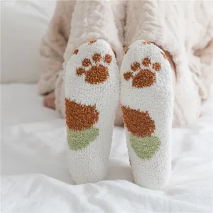 Fluffy cat paw fuzzy socks for women winter warm cozy coral fleece sleep socks thick indoor hosiery