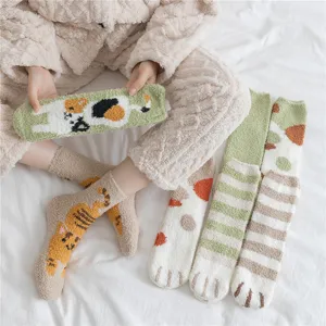 Women fluffy coral fleece fuzzy socks winter warm thick sleep cute cat paw stripe socks