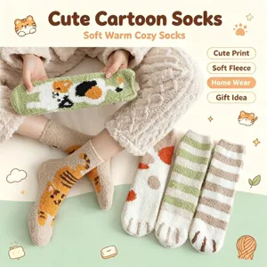 Women's Winter Warm Coral Fleece Mid-Calf Socks Cute Animal Cartoon Cat Claw Pattern Sleep Socks Thickened Fuzzy Cozy Hosiery