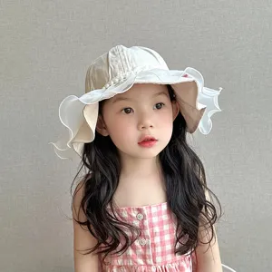 Cute baby girl lace bucket hat with pearl trim, lightweight spring sun hat for toddlers.