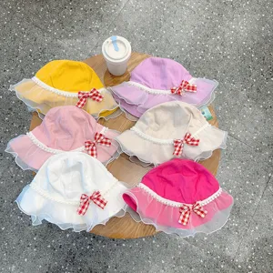 Cute kids bucket hat with lace brim and plaid bow, multi-color baby sun hat for girls.