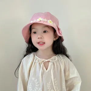 Cute pink baby girl bucket hat with floral lace trim, lightweight sun protection sun hat.