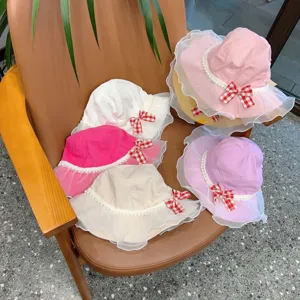 Children cute lace pearl bow bucket hat, breathable thin baby sun protection hat.