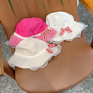 Kids sun hat lace bucket hat baby princess hat cute floral brim pearl bow cotton