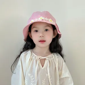 Cute pink kids bucket hat with daisy lace trim detail, soft cotton sun hat for girls.