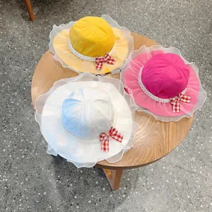 Cute baby sun bucket hat with lace mesh pearls and plaid bow for little girls toddler outdoor.