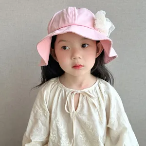 Cute Mesh Bow Sun Protection Bucket Hat For Kids Cotton Blend Summer Outdoor Princess Basin Hat Children