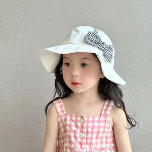 Cute baby girl sun bucket hat with houndstooth bow, sweet floral princess cap for summer.