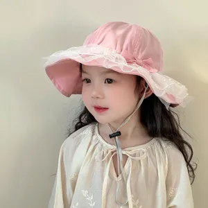 Cute pink baby sun hat toddler lace bucket hat adjustable chin strap for little girls.