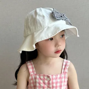 cute baby white bucket hat with houndstooth bow toddler girl summer sun protection cap