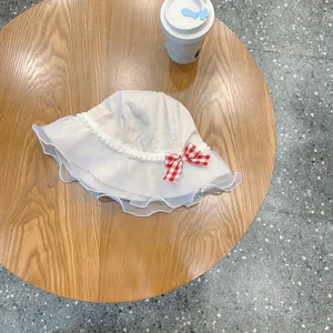 Kids white bucket hat lace brim pearl trim red plaid bow sun protection cute princess hat detail