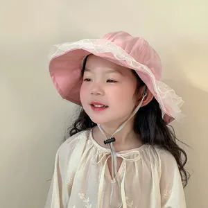 Cute baby girls sun hat with lace trim, adjustable chin strap, pink bucket hat for kids