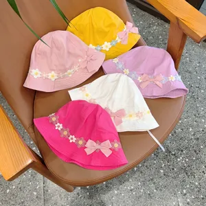 Cute floral lace baby bucket hat set with bow, sweet princess sun hat for little girls.