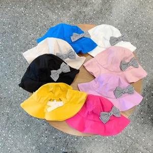 Cute kids bucket hat with houndstooth bow, multiple colors spring sun protection cap for girls