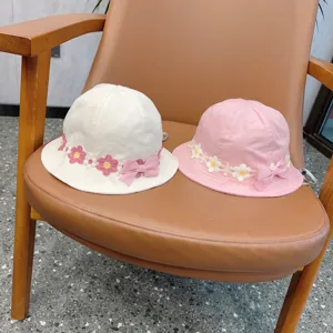 Cute baby floral bucket hat, spring summer sun protection cap with sweet lace bow for little girls.