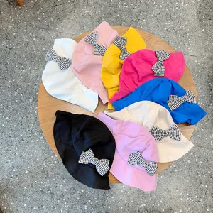 Colorful children bucket hat with houndstooth bow, cute baby sun hat for girls spring.