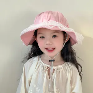 Cute kids lace bucket hat adjustable strap baby princess sun hat for spring outdoor