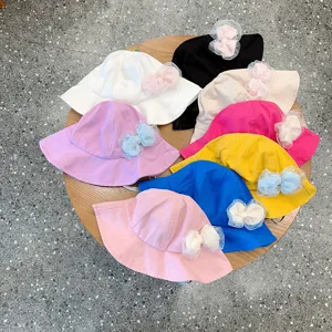 Kids bucket hat with cute tulle bow, colorful spring and summer sun hat for toddler girls.