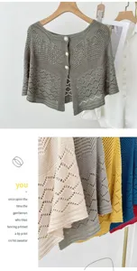 Detailed view of hollow knit cape with pearl buttons, stylish summer sun-protection cardigan.