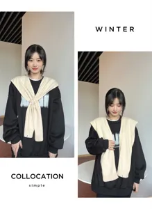 Cozy knit cross shawl scarf for women, elegant winter wrap and warm cape accessory style.