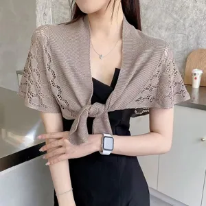 Women's Summer Ice Silk Knitted Hollow Out Sun Protection Shawl Casual Sweet Tie Front Cardigan Outerwear Top