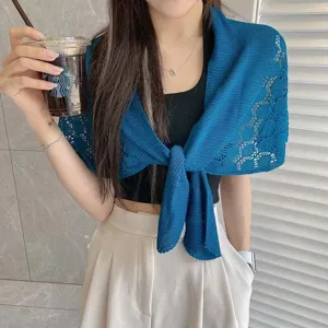 Blue hollow-out knitted sun protection shawl summer ice silk cape for women fashion top