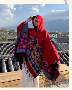 Ethnic style floral hooded poncho for women, warm winter cape with tassels, travel vacation.