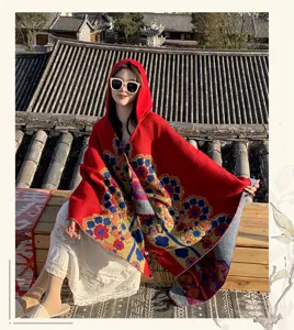 Ethnic style floral hooded poncho cape for women, warm winter travel fringe shawl outerwear.