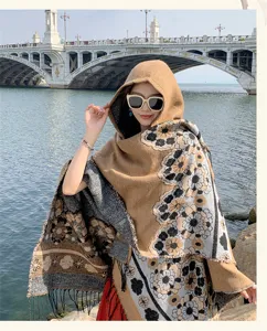 Women ethnic style floral tassel hooded cape shawl, thick warm outer wear for vacation travel.