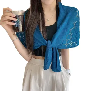Summer hollow knit sunscreen shawl for women, blue ice silk tie-up wrap cover up.