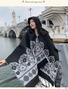 Ethnic style floral tassel hooded cloak cape for women, warm winter outerwear travel vacation